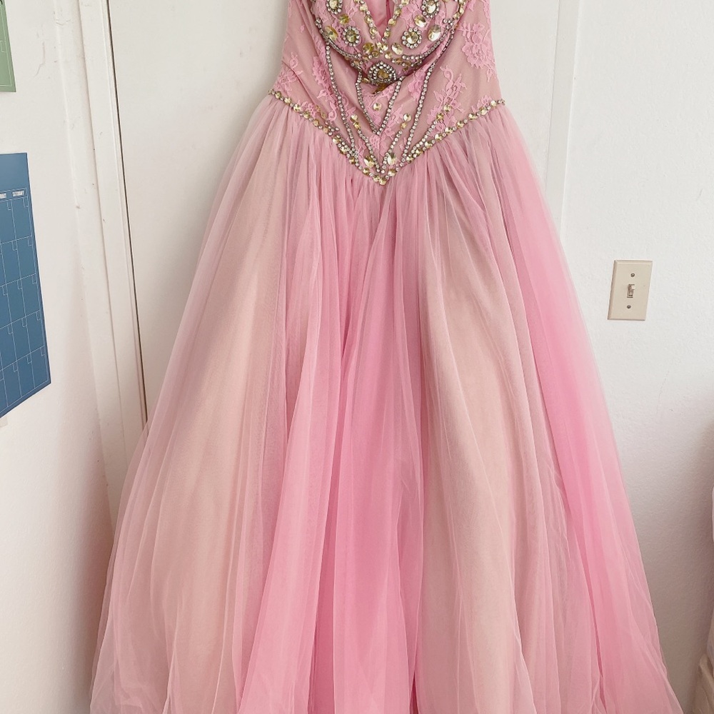 PINK BLUSH SOFT CRYSTAL LACE SHERRI HILL PRINCESS WEDDING PROM BALLGOWN SIZE 12 - Picture 16 of 16